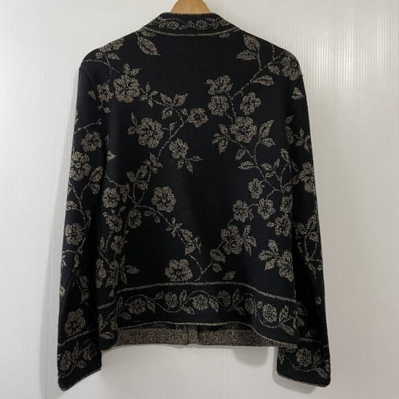 VTG Talbots Size S Black Gold Floral 100% Merino Wool Cardigan w/ Frog Closure - Picture 2 of 16